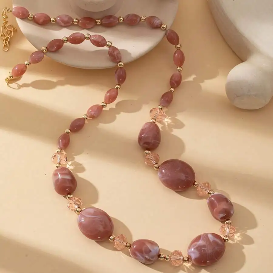 Long Pink Marbled Bead Necklace With Crystal Accents For Women
Long Pink Marbled Bead Necklace With Crystal Accents For Women