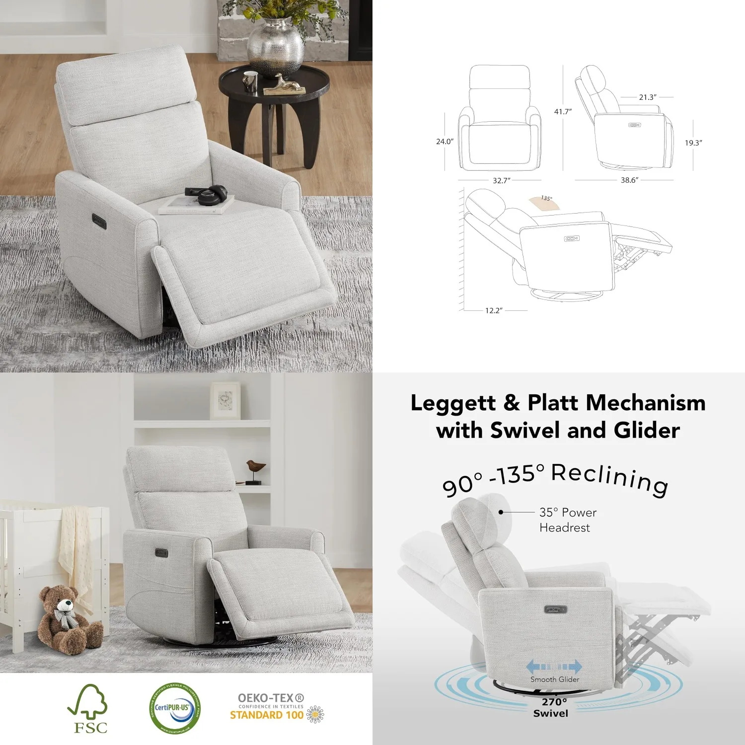 Power Recliner Swivel Glider Nursery Rocking Chair Adjustable Headrest USB Type-C Ports FSC Certified Ivory, Customized
Power Recliner Swivel Glider Nursery Rocking Chair Adjustable Headrest USB Type-C Ports FSC Certified Ivory, Customized