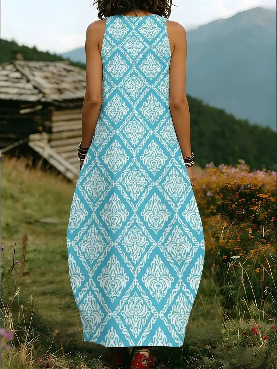 Women Sleeveless Round Neck Damask Print Long Dress Blue White Casual Loose Knit
Women Sleeveless Round Neck Damask Print Long Dress Blue White Casual Loose Knit