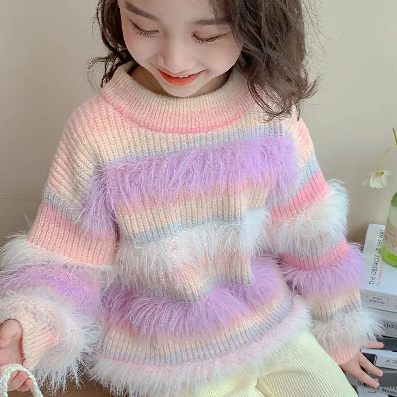 Korean Version of Girls' Fur Color Strip Splicing Sweater New Children's Sweater Girl Baby Outer Top Children's Clothing
Korean Version of Girls' Fur Color Strip Splicing Sweater New Children's Sweater Girl Baby Outer Top Children's Clothing