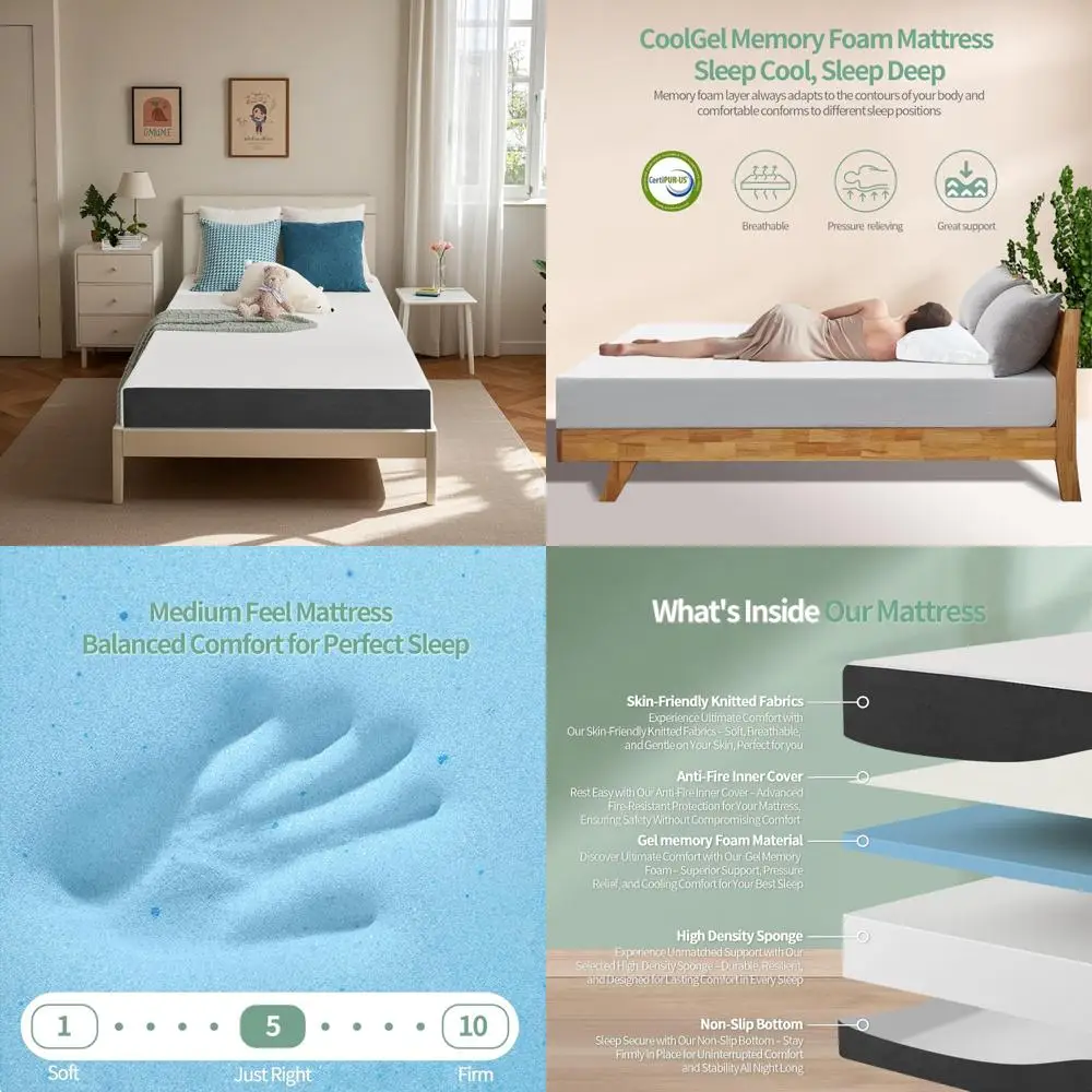 Medium Firmness Memory Foam Mattress with Cooling and Pressure Relief, Twin Size, White, Washable Cover, Fiberglass-Free
Medium Firmness Memory Foam Mattress with Cooling and Pressure Relief, Twin Size, White, Washable Cover, Fiberglass-Free