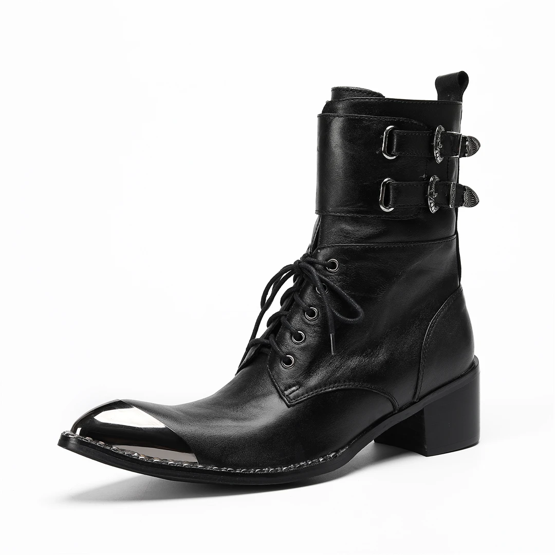 Mid heeled leather boots for men double button stage metal pointed solid color lace ankle boots
Mid heeled leather boots for men double button stage metal pointed solid color lace ankle boots