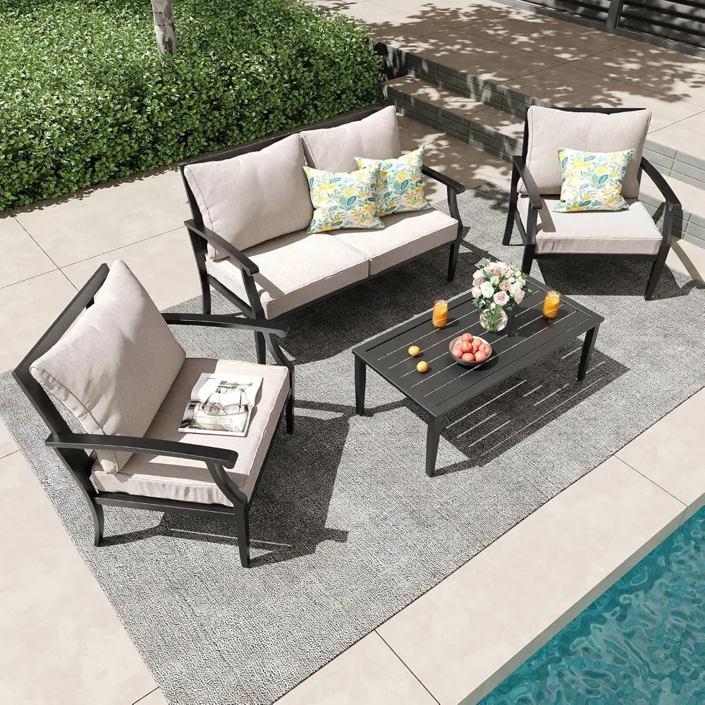 4 Piece Outdoor Patio Furniture Set,Oversized Conversation Set w/Loveseat, Coffe Table, Metal Deep Seating with High Backrest fo
4 Piece Outdoor Patio Furniture Set,Oversized Conversation Set w/Loveseat, Coffe Table, Metal Deep Seating with High Backrest fo