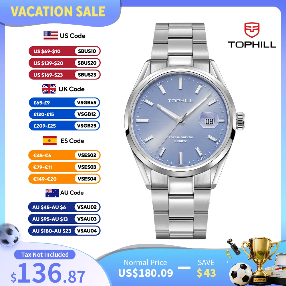 TOPHILL luxury Business Watch For Men VR42A Solar-Powered Quartz Wristwatch Sapphire C3 Luminous Sapphire Glass 5Bar Waterproof
TOPHILL luxury Business Watch For Men VR42A Solar-Powered Quartz Wristwatch Sapphire C3 Luminous Sapphire Glass 5Bar Waterproof