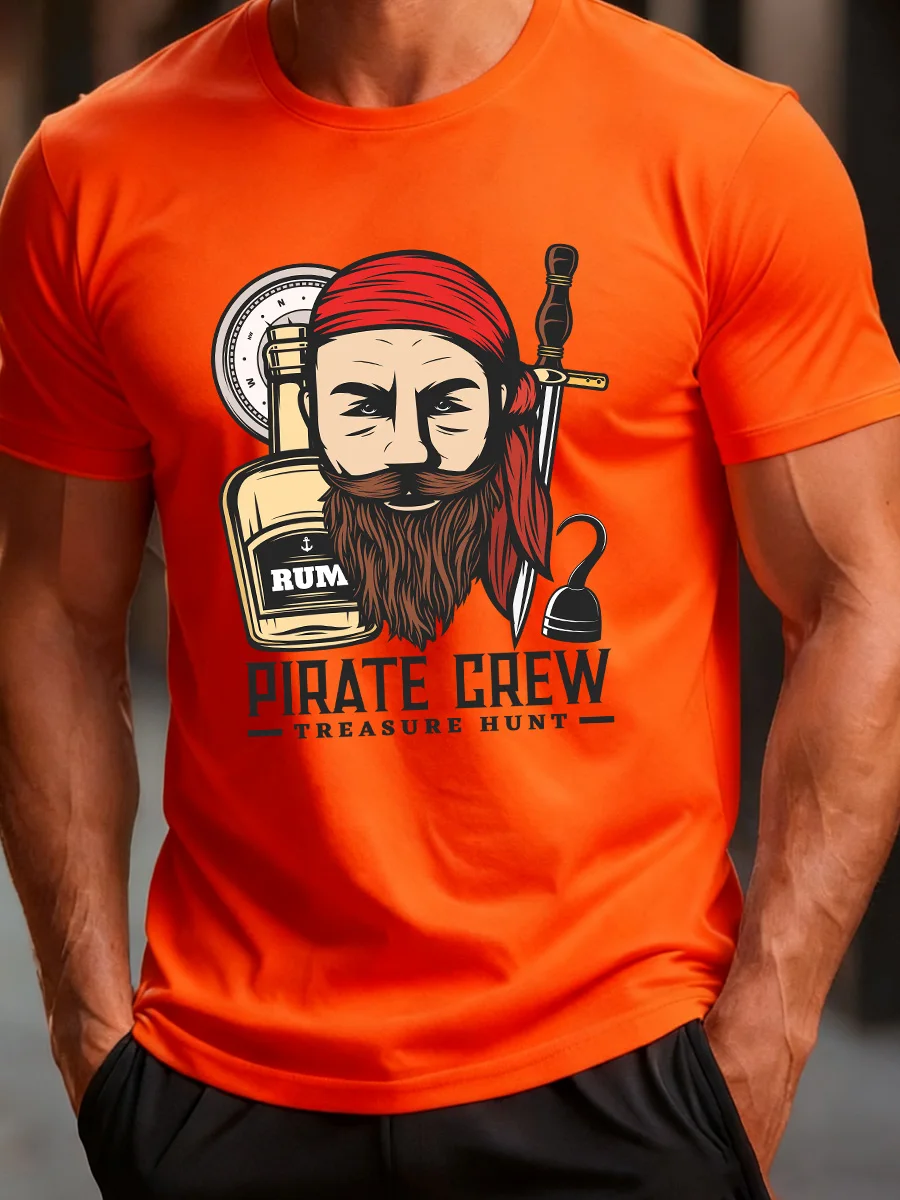 Orange Short Sleeve T-Shirt with Pirate Crew Print, Rum Bottle, Sword & Treasure Hunt Design
Orange Short Sleeve T-Shirt with Pirate Crew Print, Rum Bottle, Sword & Treasure Hunt Design