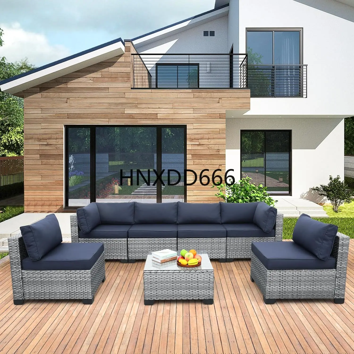 7 Piece Outdoor PE Wicker Furniture Set, Patio Gray Rattan Sectional Sofa Couch with Washable Dark Blue Cushions
7 Piece Outdoor PE Wicker Furniture Set, Patio Gray Rattan Sectional Sofa Couch with Washable Dark Blue Cushions