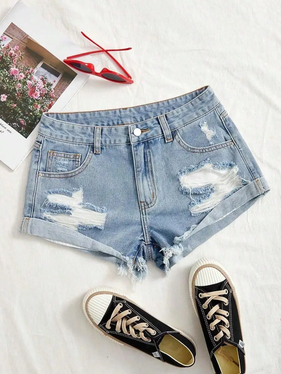 Distressed Rolled Hem Casual Denim Shorts For Women Summer
Distressed Rolled Hem Casual Denim Shorts For Women Summer