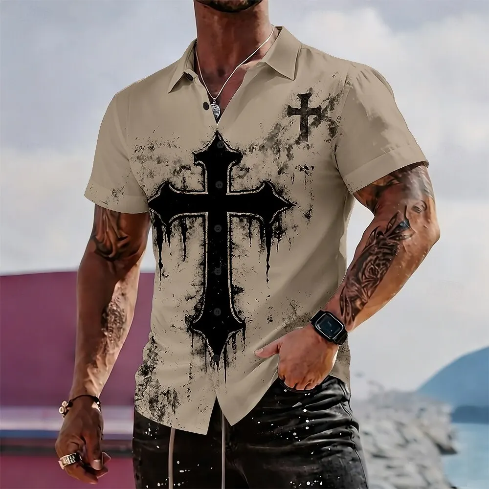Men's Casual Button Up Cross Religion Shirt, 3D Print Short Sleeve Collared Top, Spring & Summer Vacation & Street Style
Men's Casual Button Up Cross Religion Shirt, 3D Print Short Sleeve Collared Top, Spring & Summer Vacation & Street Style