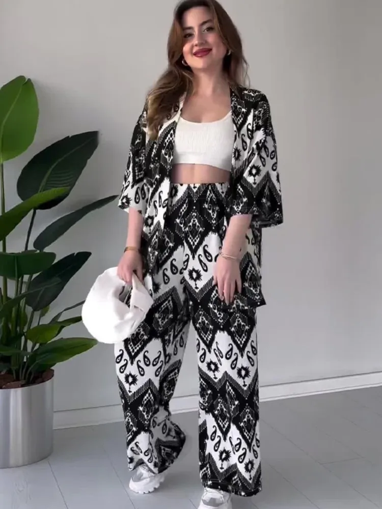 Fashion Geometric Print Loose Cardigan Top + Wide Leg Pants Summer Two-piece Set For Female Chic Middle Eastern Women's Clothing
Fashion Geometric Print Loose Cardigan Top + Wide Leg Pants Summer Two-piece Set For Female Chic Middle Eastern Women's Clothing