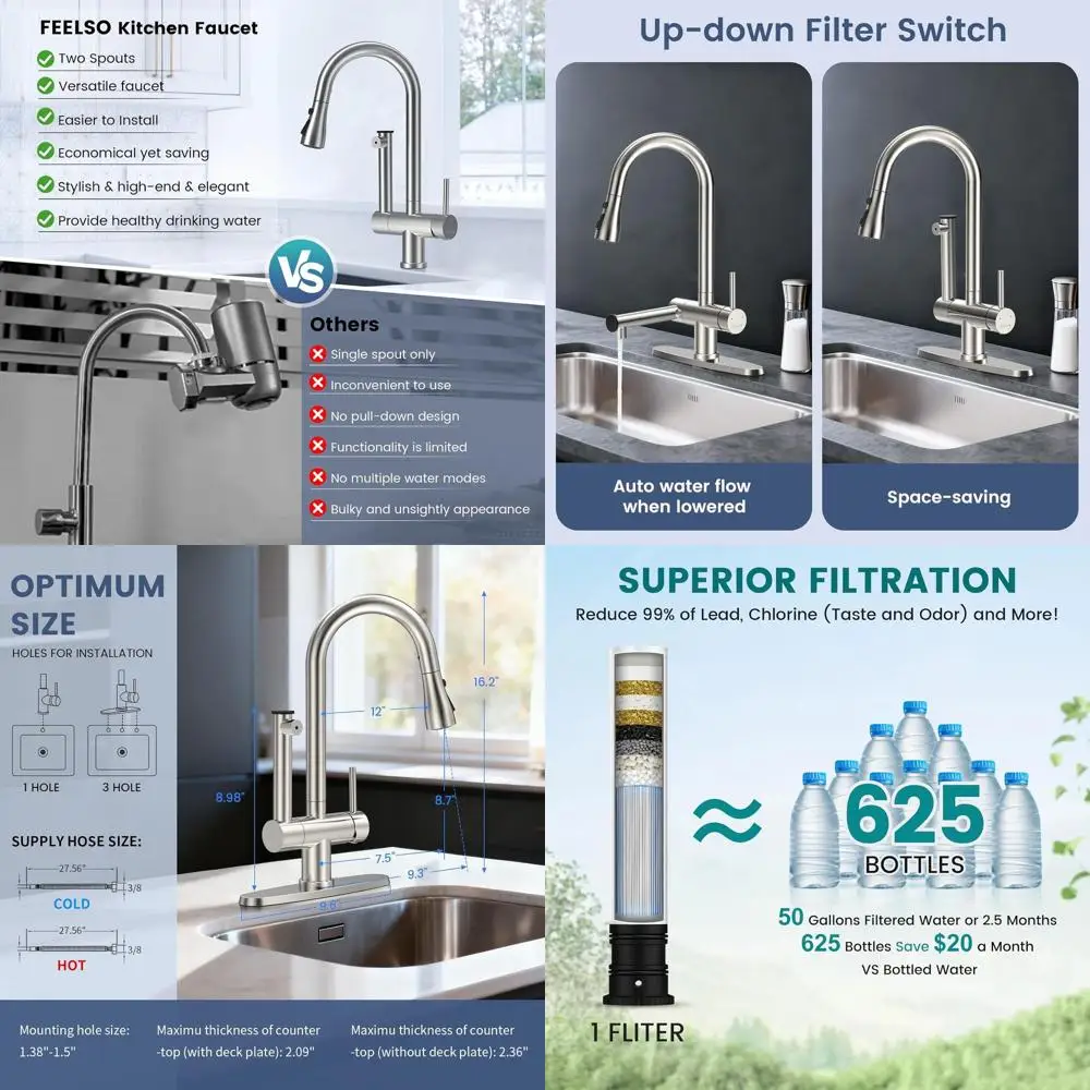 Filtered Stainless Steel Pull-Down Spray Kitchen Faucet Reduces Lead, Chlorine, Taste & Odor, High Arc, 1 or 3 Hole Mount
Filtered Stainless Steel Pull-Down Spray Kitchen Faucet Reduces Lead, Chlorine, Taste & Odor, High Arc, 1 or 3 Hole Mount