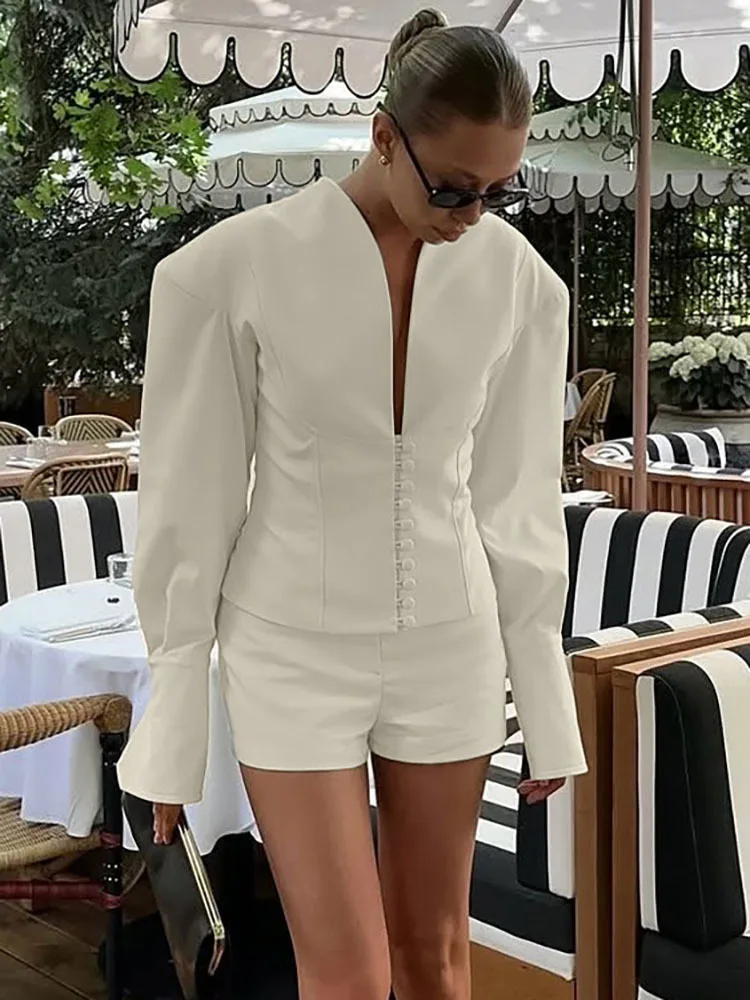 FANTOYE сексуальные подплечники с глубоким v-образным вырезом и длинными рукавами, женские комплекты из 2 предметов, бежевые однобортные топы, короткие брюки, зимняя женская одежда
FANTOYE сексуальные подплечники с глубоким v-образным вырезом и длинными рукавами, женские комплекты из 2 предметов, бежевые однобортные топы, короткие брюки, зимняя женская одежда