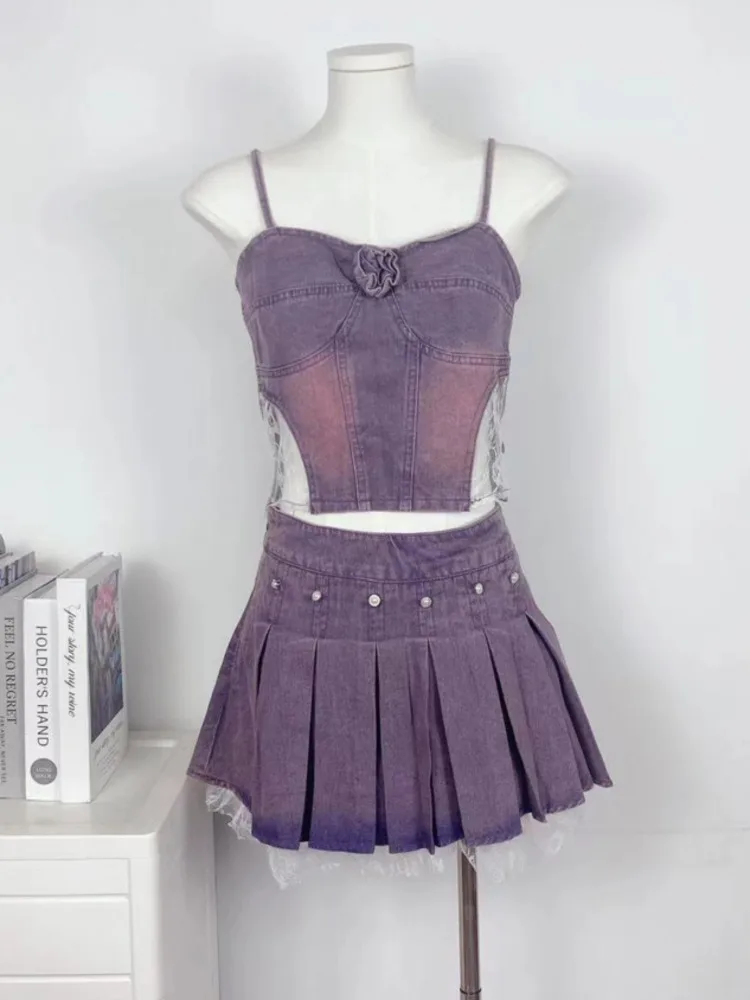 Women's Summer 2pcs Outfit Sets Solid Color Sleeveless Off Shoulder Zipper Bandeau+Pleated Denim Skirt 2025 Lady Streetwear Set
Women's Summer 2pcs Outfit Sets Solid Color Sleeveless Off Shoulder Zipper Bandeau+Pleated Denim Skirt 2025 Lady Streetwear Set