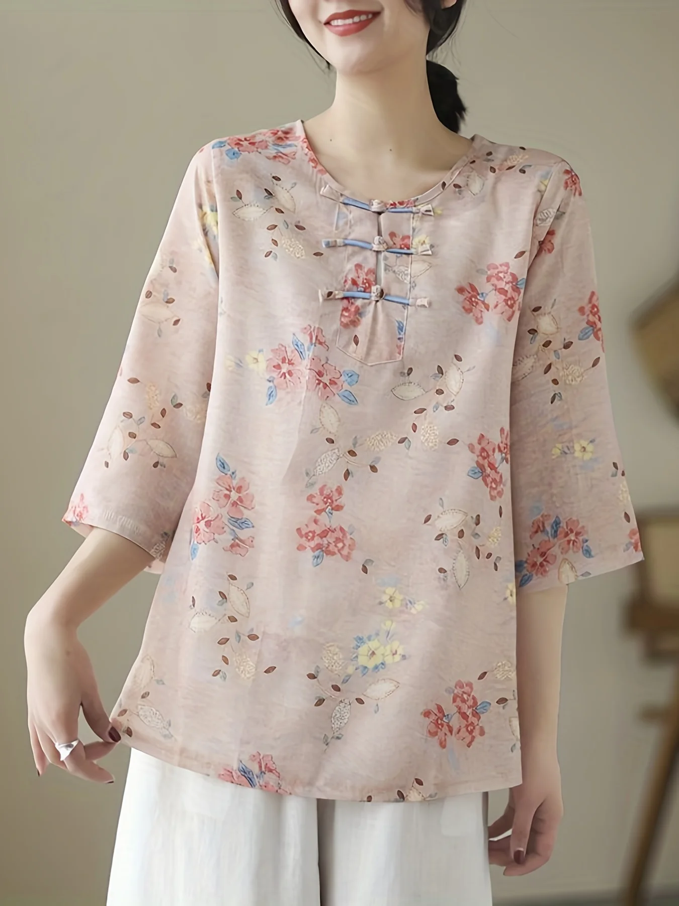 Crew Neck Tang Suit Top Neo-Chinese Style Loose Casual T-Shirt For Spring & Autumn Women's Clothing
Crew Neck Tang Suit Top Neo-Chinese Style Loose Casual T-Shirt For Spring & Autumn Women's Clothing