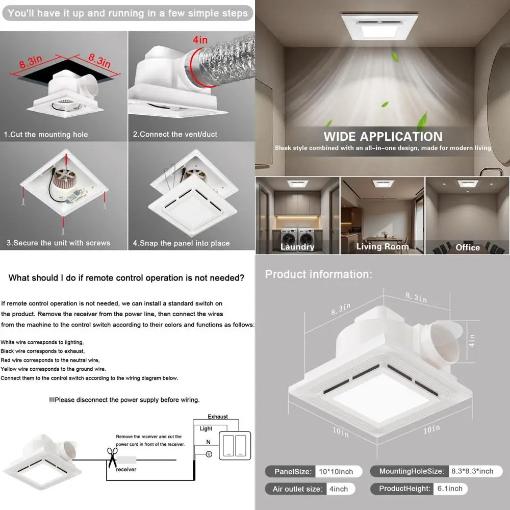 10 Inch Quiet Bathroom Exhaust Fan with LED Light and Remote Control, 120 CFM Energy Efficient, 8.3 Inch Mounting
10 Inch Quiet Bathroom Exhaust Fan with LED Light and Remote Control, 120 CFM Energy Efficient, 8.3 Inch Mounting