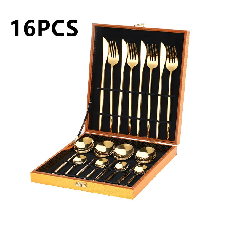 Wooden Box Gift Stainless Steel Tableware 16 Piece Set Gold Small Blade Steak Fork Spoon Set Safety Kitchen Silver Dinnerware
Wooden Box Gift Stainless Steel Tableware 16 Piece Set Gold Small Blade Steak Fork Spoon Set Safety Kitchen Silver Dinnerware