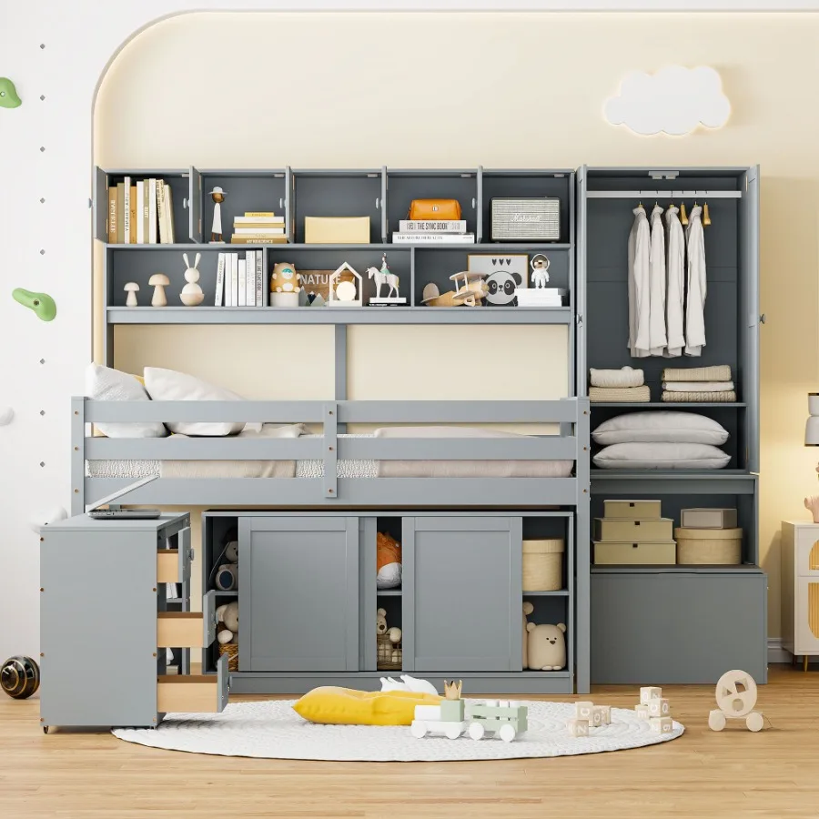 Full Size Wooden Loft Bed Big Storage with Underbed Desk with Drawers with Shelves Gray
Full Size Wooden Loft Bed Big Storage with Underbed Desk with Drawers with Shelves Gray