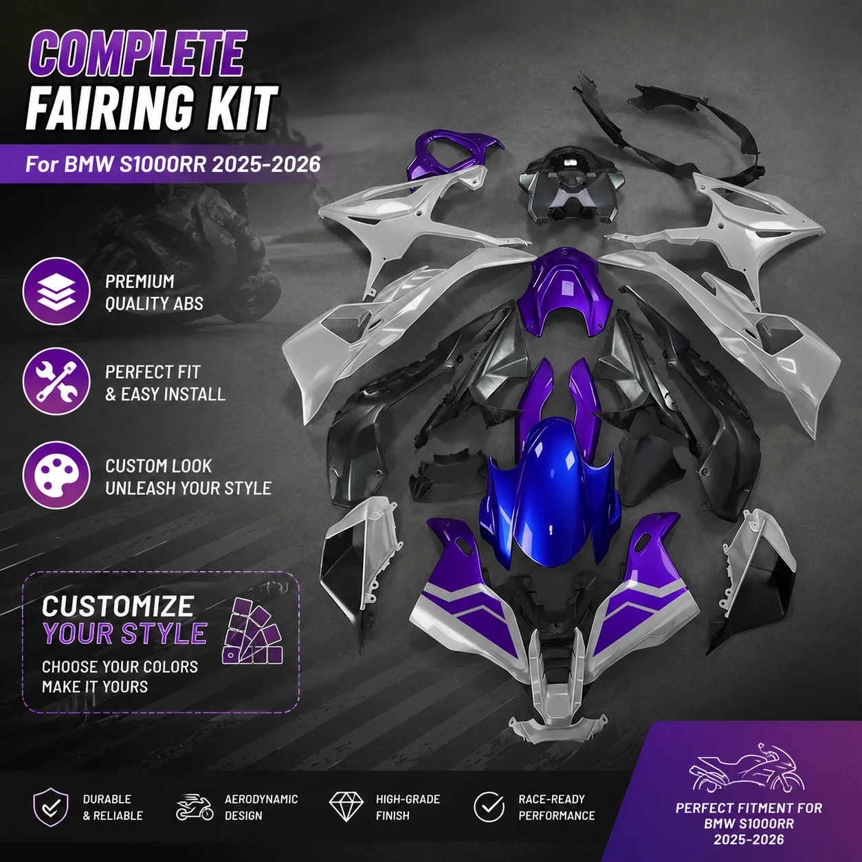 For BMW S1000RR 2025 2026 Purple Full Fairing Kit S1000 RR 25 26 ABS Injection Molded Motorcycle Bodywork Rebuild Body Parts
For BMW S1000RR 2025 2026 Purple Full Fairing Kit S1000 RR 25 26 ABS Injection Molded Motorcycle Bodywork Rebuild Body Parts