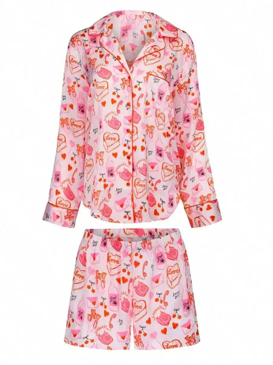 Women Valentines Day Pajama Set Long Sleeve Button Up Shirt Shorts Graphic Print Satin Sleepwear
Women Valentines Day Pajama Set Long Sleeve Button Up Shirt Shorts Graphic Print Satin Sleepwear