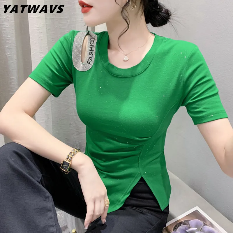 New Chic Summer European Clothes T-Shirt Women Sexy O Necks Hollow Out Diamonds Slim Slit Cotton Tops Short Sleeve Pleated Tees
New Chic Summer European Clothes T-Shirt Women Sexy O Necks Hollow Out Diamonds Slim Slit Cotton Tops Short Sleeve Pleated Tees