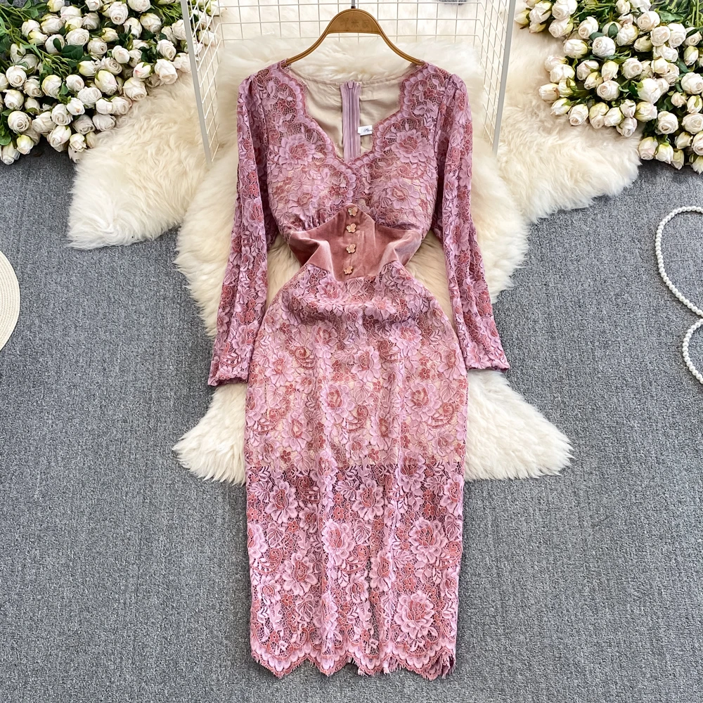 Spring Autumn Fashion Women Pink Lace Dress Temperament V Neck Long Sleeve Skinny Female Vestidos Elegant Mid Long Dress
Spring Autumn Fashion Women Pink Lace Dress Temperament V Neck Long Sleeve Skinny Female Vestidos Elegant Mid Long Dress
