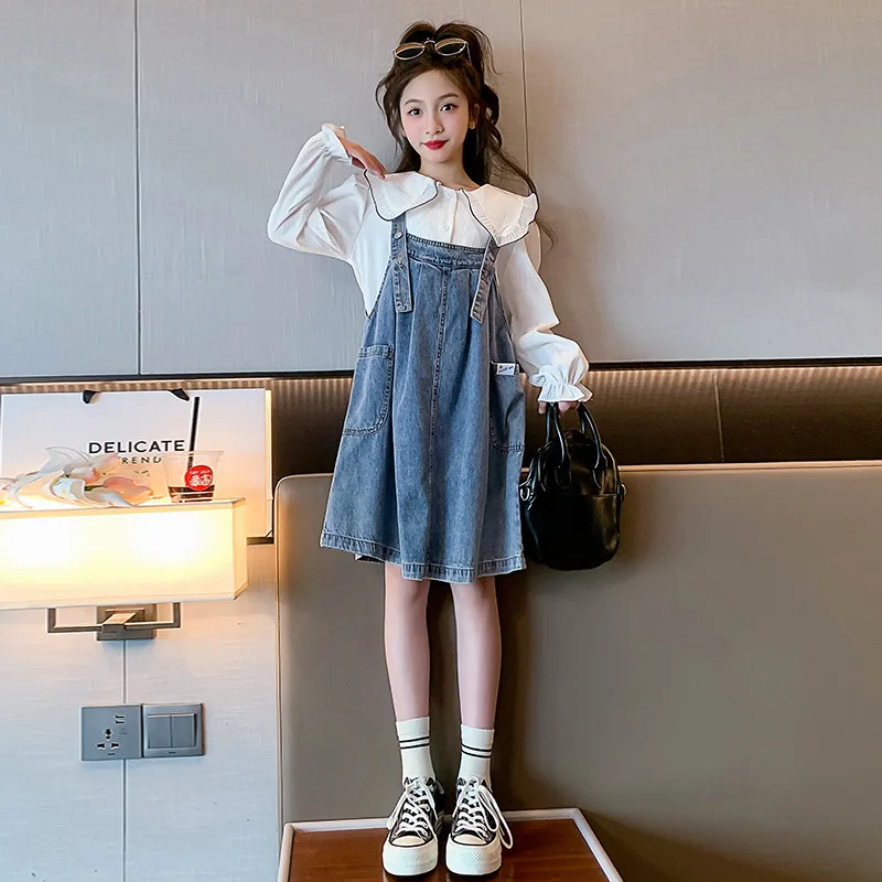 Korean Autumn School Girl 2PCS Clothes Set Teenager Girl Lotus Leaf Lapel Long Sleee Tops+Denim Suspender Skirt Set For Girls
Korean Autumn School Girl 2PCS Clothes Set Teenager Girl Lotus Leaf Lapel Long Sleee Tops+Denim Suspender Skirt Set For Girls