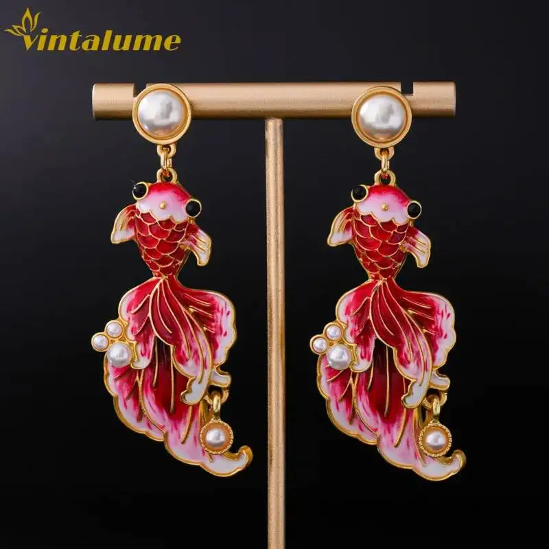 Vintage Enamel Koi Fish Drop Earrings Gold Plated Pearl Chinese Style Statement Party Wedding Jewelry Vintalume
Vintage Enamel Koi Fish Drop Earrings Gold Plated Pearl Chinese Style Statement Party Wedding Jewelry Vintalume