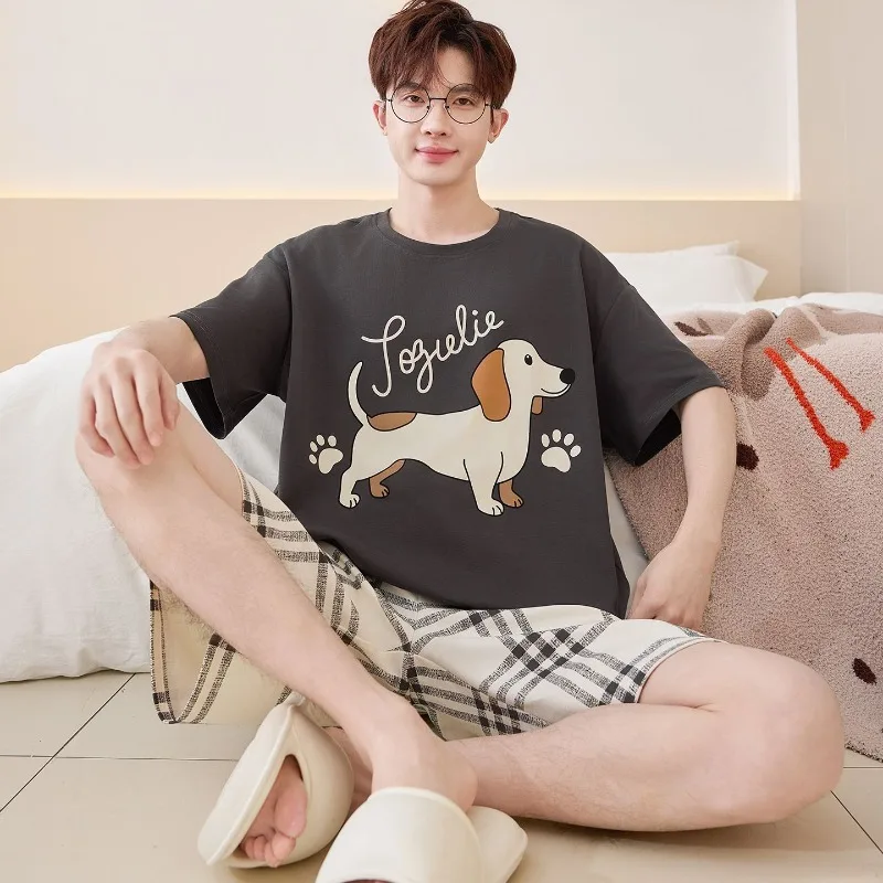 Plus Size Men's Pajamas Set Cartoon Dog Letter Print Short Sleeve T-shirt & Plaid Shorts 2 Piece Loungewear for Summer Oversized
Plus Size Men's Pajamas Set Cartoon Dog Letter Print Short Sleeve T-shirt & Plaid Shorts 2 Piece Loungewear for Summer Oversized