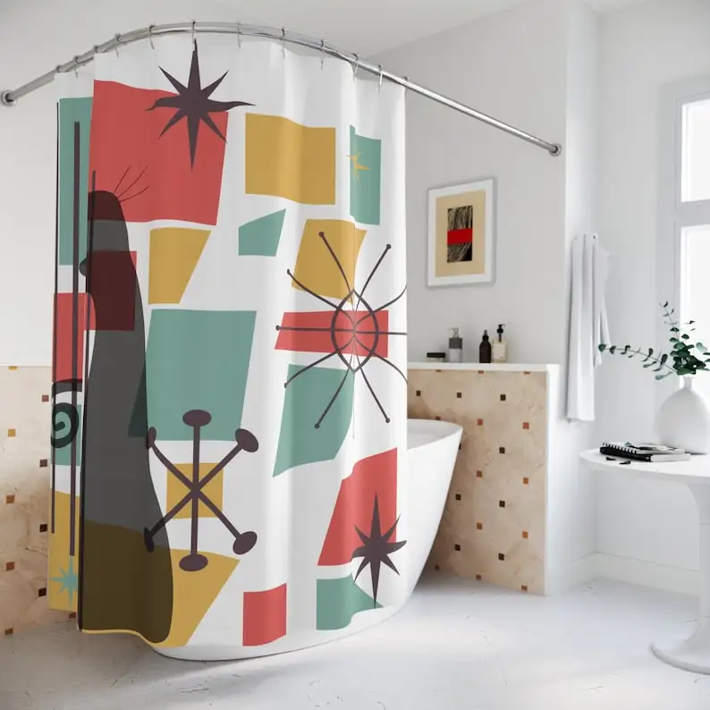 Atomic Cat Shower Curtain, Mid Century Modern Bathroom Decor, Retro Bath Accessory
Atomic Cat Shower Curtain, Mid Century Modern Bathroom Decor, Retro Bath Accessory