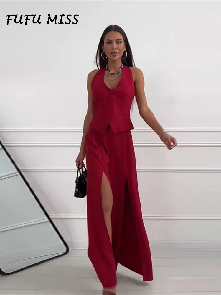 Elegant Vest Pants Sets Sleeveless V-neck Single Breasted Top High Split Trousers Suits Spring Summer Lady Loose High Street
Elegant Vest Pants Sets Sleeveless V-neck Single Breasted Top High Split Trousers Suits Spring Summer Lady Loose High Street