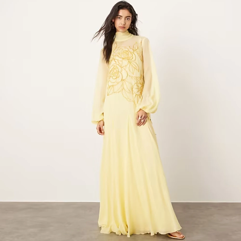 Exquisite Yellow Chiffon Evening Dress High Collar Long Sleeves Customized Homecoming Dresses Delicate Appliques Celebrity Gowns
Exquisite Yellow Chiffon Evening Dress High Collar Long Sleeves Customized Homecoming Dresses Delicate Appliques Celebrity Gowns