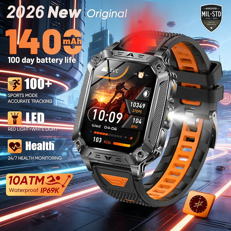 2026 New Outdoor Military IP69K Waterproof Smartwatch Men GPS 1400mAh Flashlight Bluetooth Call 100+Sports Fitness Smart Watch
2026 New Outdoor Military IP69K Waterproof Smartwatch Men GPS 1400mAh Flashlight Bluetooth Call 100+Sports Fitness Smart Watch