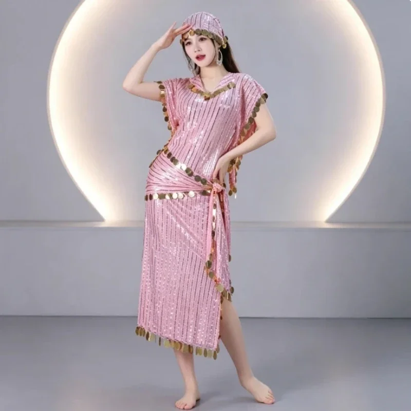 Egyptian Style Belly Dance Robe with Folk Handmade Sequins, Hot Stamping Stripes, Short Robe for Women's Stage Performance
Egyptian Style Belly Dance Robe with Folk Handmade Sequins, Hot Stamping Stripes, Short Robe for Women's Stage Performance