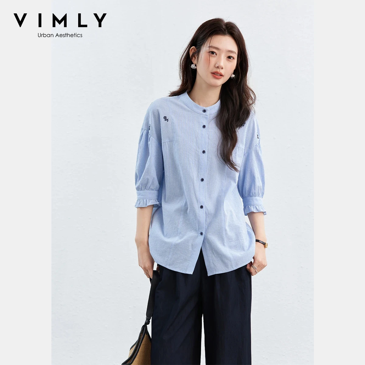 VIMLY Women's Striped Shirt 2026 Spring New Fashion Casual Stand Collar Color Block Embroidery Design 3/4 Sleeve Blouse A5039
VIMLY Women's Striped Shirt 2026 Spring New Fashion Casual Stand Collar Color Block Embroidery Design 3/4 Sleeve Blouse A5039