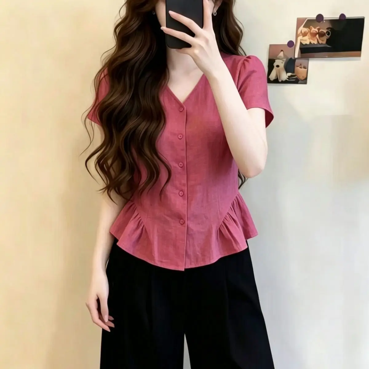 Pink V Neck Short Sleeve Blouse with Ruffle Hem Women Korean Style Casual Loose Fit Summer Top
Pink V Neck Short Sleeve Blouse with Ruffle Hem Women Korean Style Casual Loose Fit Summer Top