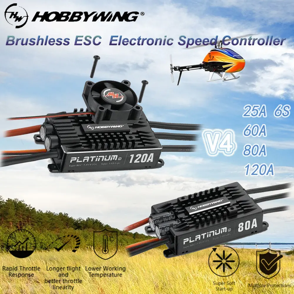 Hobbywing Brushless V4 120A 80A 60A 25A ESC Speed Controller Built-in BEC for Remote Control Helicopter Fixed Wing Airplane Part
Hobbywing Brushless V4 120A 80A 60A 25A ESC Speed Controller Built-in BEC for Remote Control Helicopter Fixed Wing Airplane Part