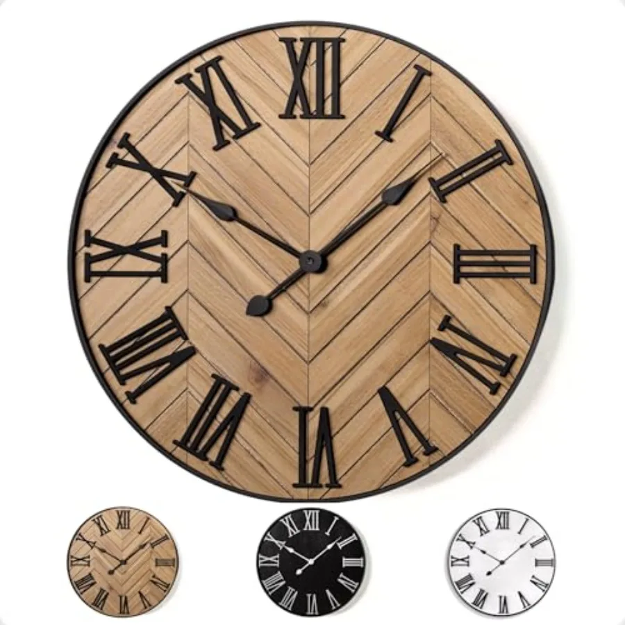 Large Wall Clock 24" Round - Silent Metal and Wood Large Farmhouse Wall Clock For Living Room Decor with 3D Roman Numerals - No
Large Wall Clock 24" Round - Silent Metal and Wood Large Farmhouse Wall Clock For Living Room Decor with 3D Roman Numerals - No