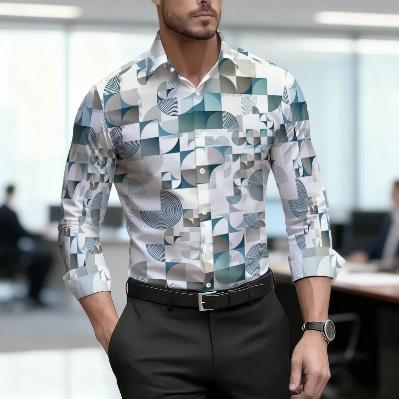 Men's shirt with geometric block print, slim fit, business commuting long sleeved shirt, spring and autumn trendy casual top
Men's shirt with geometric block print, slim fit, business commuting long sleeved shirt, spring and autumn trendy casual top