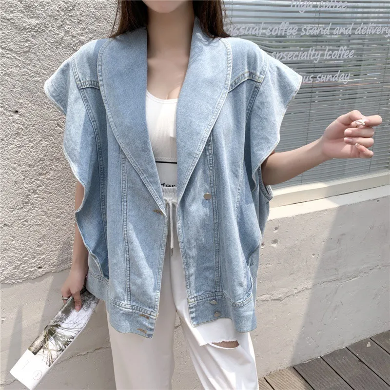 Korea Chic Summer Casual Lapel Ruffled Casual Loose Blue Sleeveless Vest Jacket Women Blue Trendy Fashion Ladies Clothing
Korea Chic Summer Casual Lapel Ruffled Casual Loose Blue Sleeveless Vest Jacket Women Blue Trendy Fashion Ladies Clothing