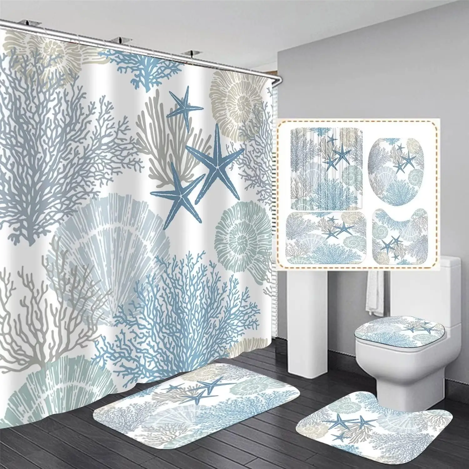 4 Pcs Beach Shower Curtain Set Blue Ocean Bathroom Decor with Rug, Starfish, Seashell, Nautical Toilet Lid Cover & Hooks
4 Pcs Beach Shower Curtain Set Blue Ocean Bathroom Decor with Rug, Starfish, Seashell, Nautical Toilet Lid Cover & Hooks