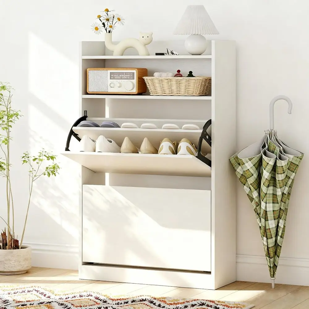 White Slim Shoe Storage Cabinet with 2 Open Shelves for Entryway, Hallway, or Foyer
White Slim Shoe Storage Cabinet with 2 Open Shelves for Entryway, Hallway, or Foyer