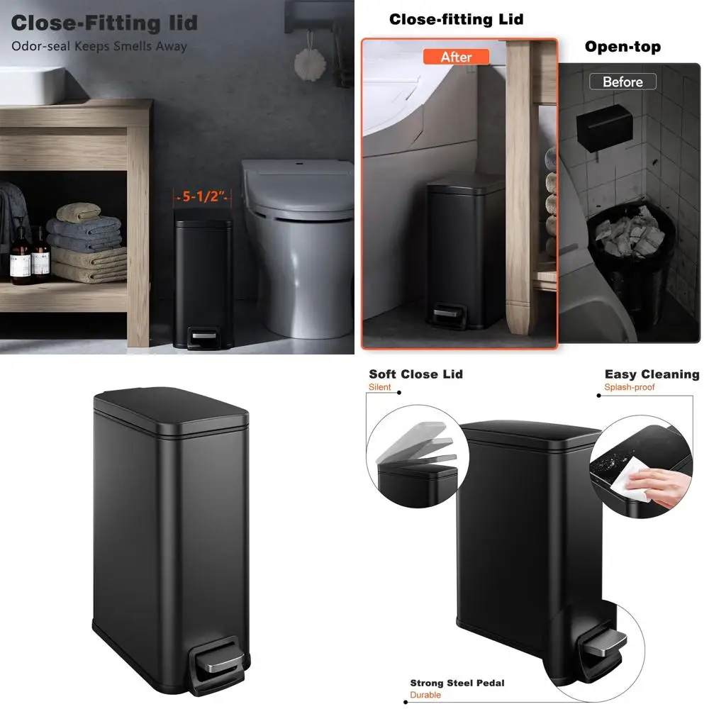Compact 1.6 Gallon Stainless Steel Trash Bin with Soft-Close Lid, Step Pedal, and Removable Bucket for Bathroom, Bedroom, Kitche
Compact 1.6 Gallon Stainless Steel Trash Bin with Soft-Close Lid, Step Pedal, and Removable Bucket for Bathroom, Bedroom, Kitche