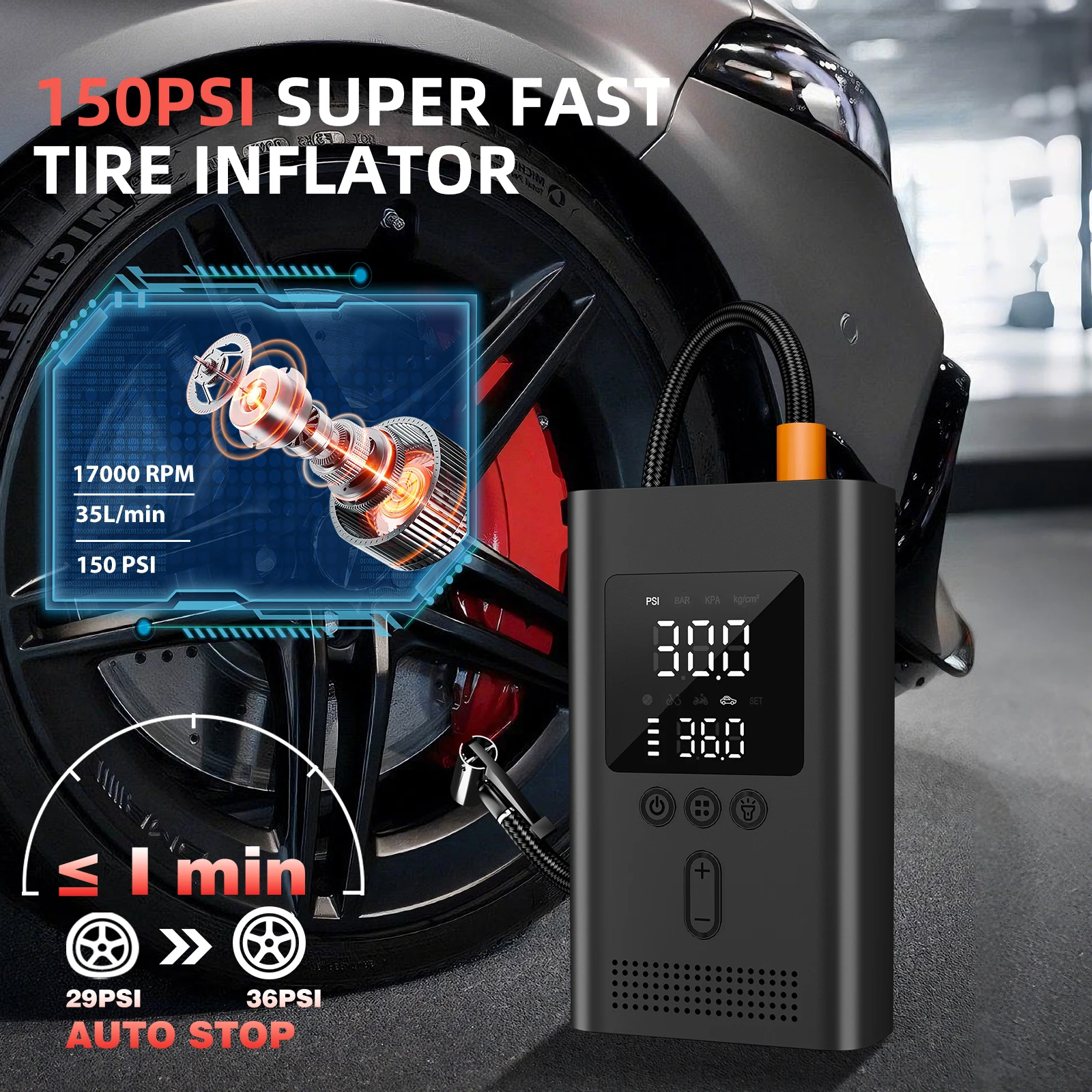 8000mAh Car Jump Starter with Tire Inflator, 150PSI Portable Air Compressor, 12V Auto Emergency Battery Booster for Car SUV
8000mAh Car Jump Starter with Tire Inflator, 150PSI Portable Air Compressor, 12V Auto Emergency Battery Booster for Car SUV