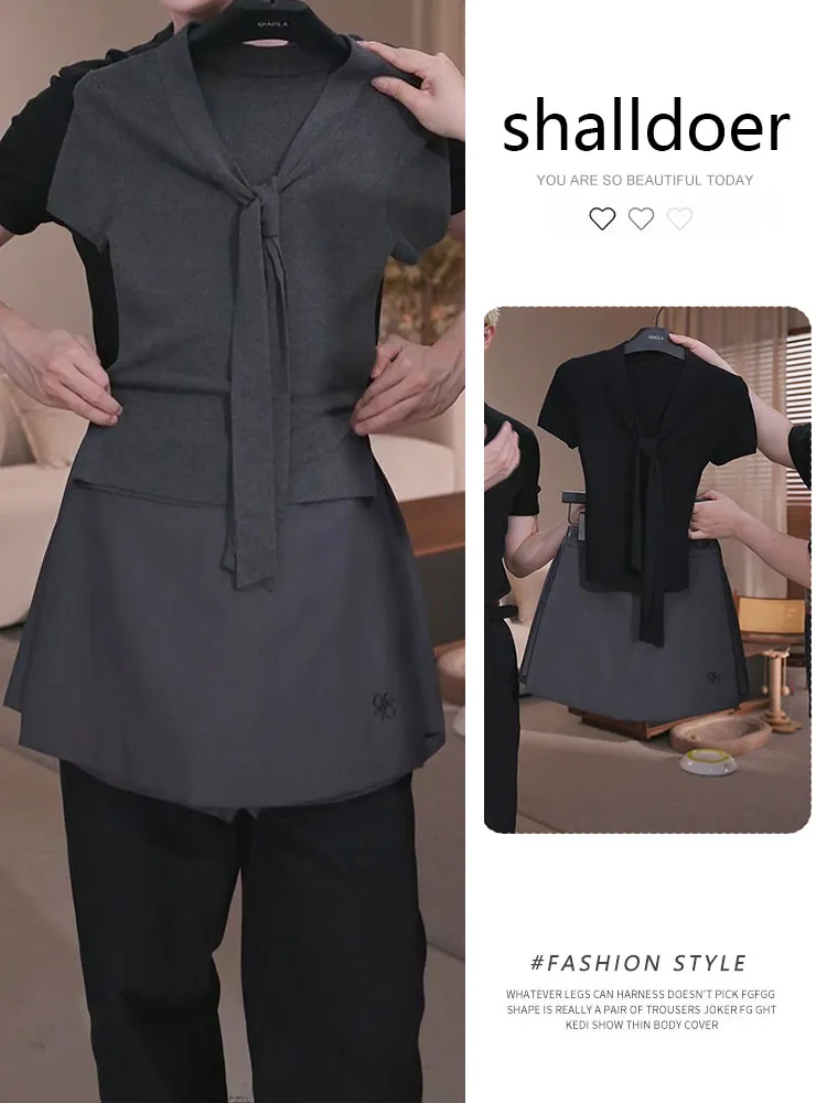 Summer 2026 Casual V-Neck Sash Design Short Sleeve T-Shirt Fake Two-Piece Skirt High Waist Simple Style Women's Fashion Set
Summer 2026 Casual V-Neck Sash Design Short Sleeve T-Shirt Fake Two-Piece Skirt High Waist Simple Style Women's Fashion Set