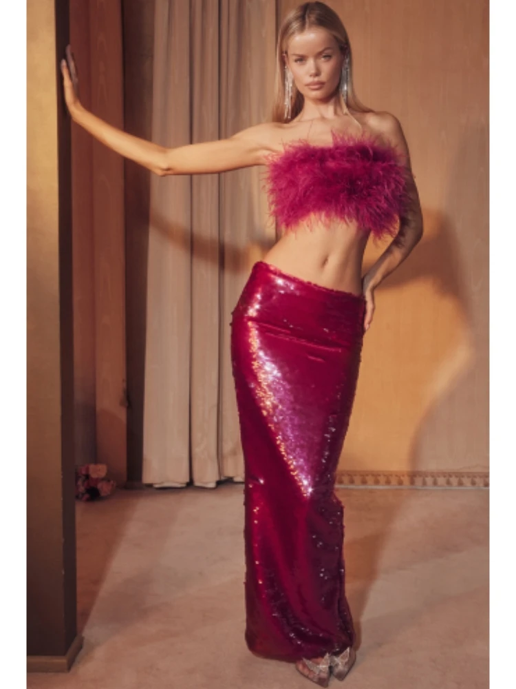 Sexy Sleeveless Feather Top+Sequins Skirt Two Piece Set Women Hot Pink Off Shoulder Feather Design Sequin Nightclub Party Suits
Sexy Sleeveless Feather Top+Sequins Skirt Two Piece Set Women Hot Pink Off Shoulder Feather Design Sequin Nightclub Party Suits
