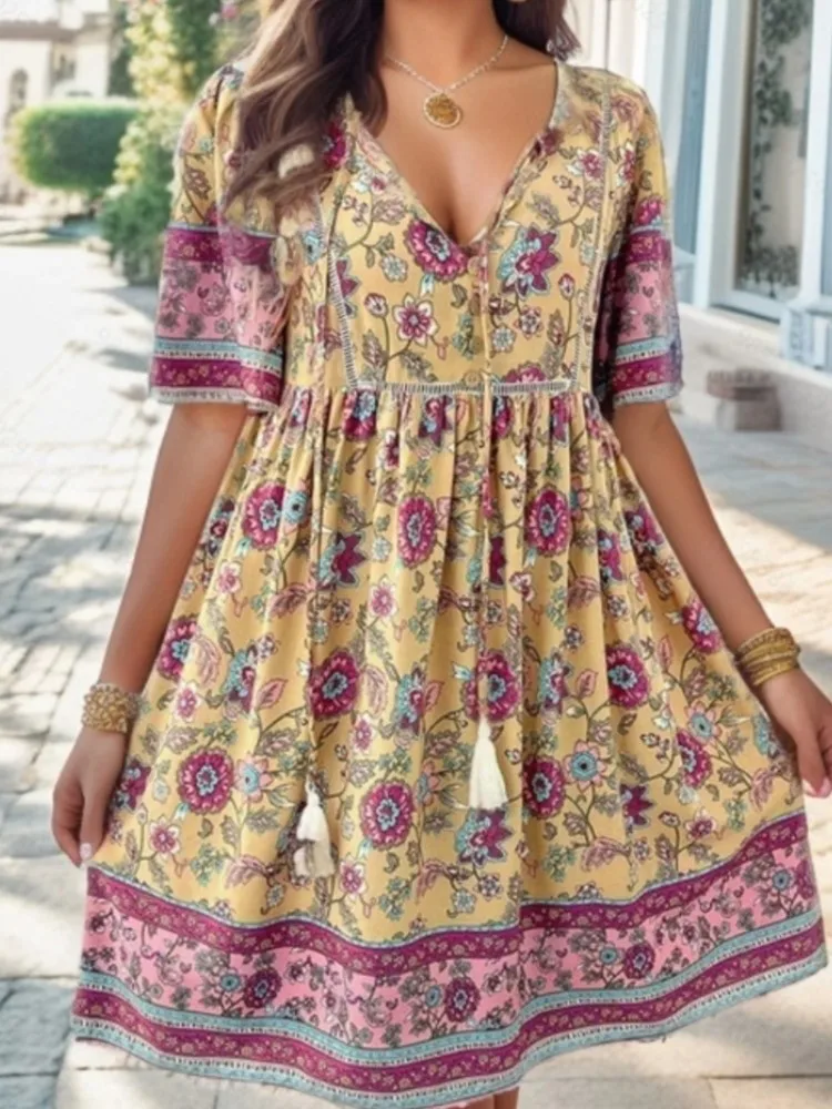 Dress For Women Spring And Summer Casual Holiday Printed V Neck Short-sleeved A Line Dress Temperament Elegant Vintage Vestidos
Dress For Women Spring And Summer Casual Holiday Printed V Neck Short-sleeved A Line Dress Temperament Elegant Vintage Vestidos