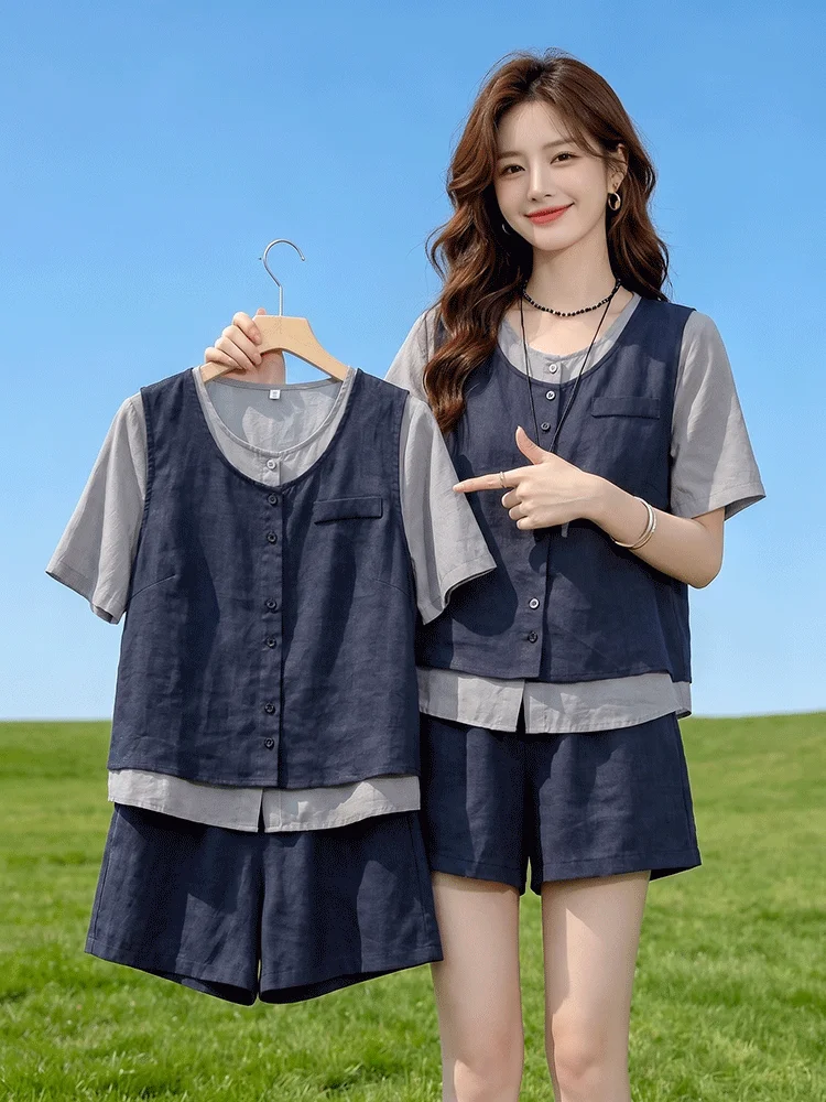 plus Size Slimming Casual Short Sleeve Women's Set Summer New Style Patchwork Top High Waist Shorts Two Piece Set Breathable
plus Size Slimming Casual Short Sleeve Women's Set Summer New Style Patchwork Top High Waist Shorts Two Piece Set Breathable
