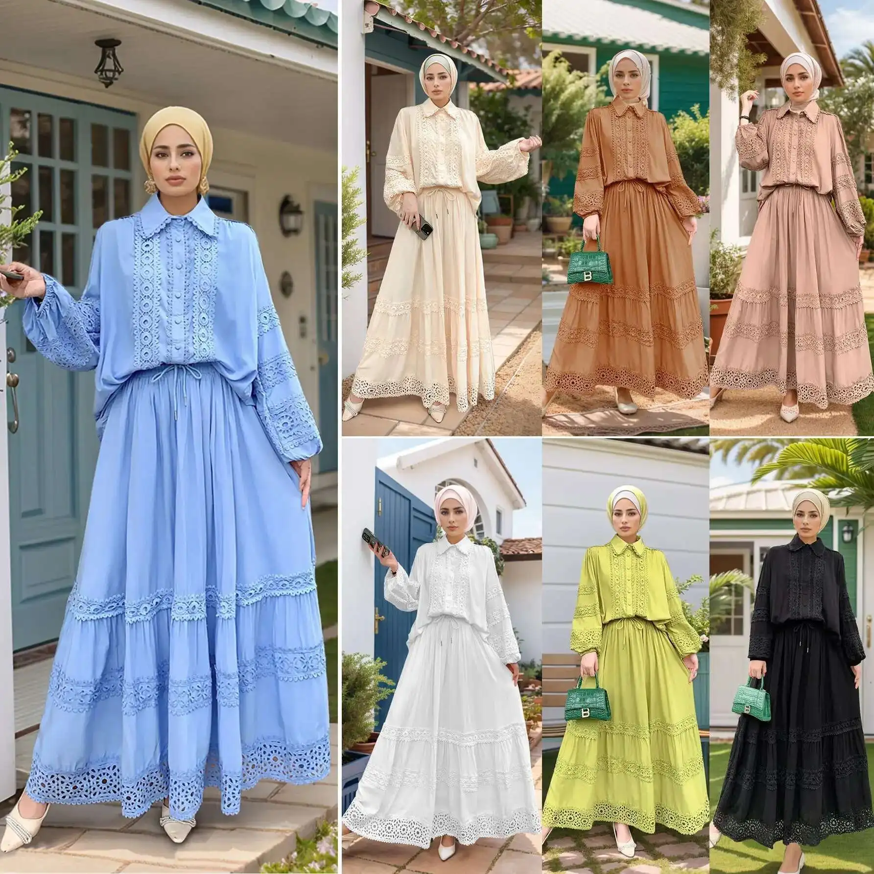 M301# Muslim Women's Hollow Lace Patchwork Bubble Sleeve Top+large Swing Skirt Two-piece Set Ramadan Dubai Luxury Islam Elegant
M301# Muslim Women's Hollow Lace Patchwork Bubble Sleeve Top+large Swing Skirt Two-piece Set Ramadan Dubai Luxury Islam Elegant