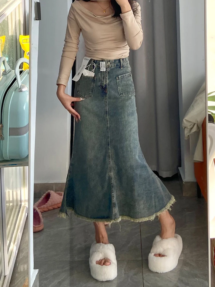 Retro Denim A-Line Skirt Women's Mid-Length plus Size High Waist Fi Tail Skirt Korean Sle Commute Pure Color Long Skirt
Retro Denim A-Line Skirt Women's Mid-Length plus Size High Waist Fi Tail Skirt Korean Sle Commute Pure Color Long Skirt