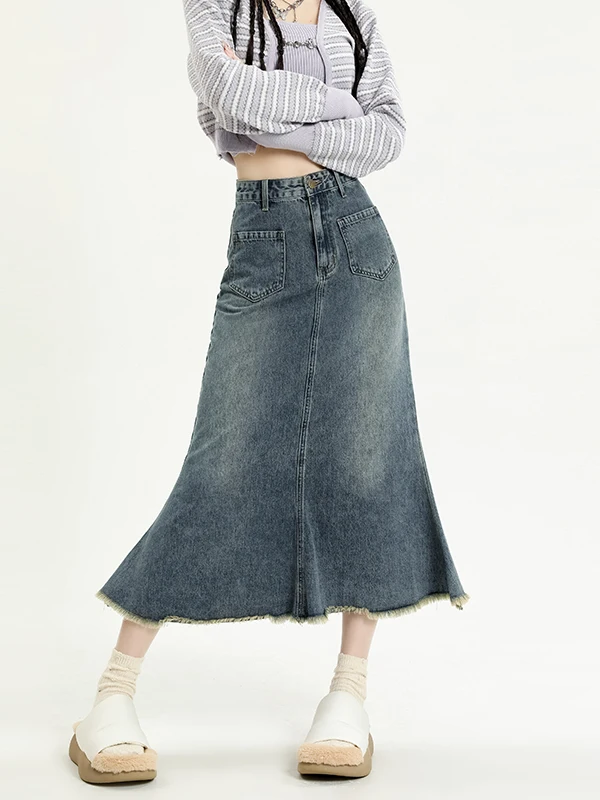 Ретро джинсовая юбка с высокой талией, с необработанным краем и дизайном «рыбий хвост», повседневный винтажный стиль, весенне-осенняя мода
Ретро джинсовая юбка с высокой талией, с необработанным краем и дизайном «рыбий хвост», повседневный винтажный стиль, весенне-осенняя мода