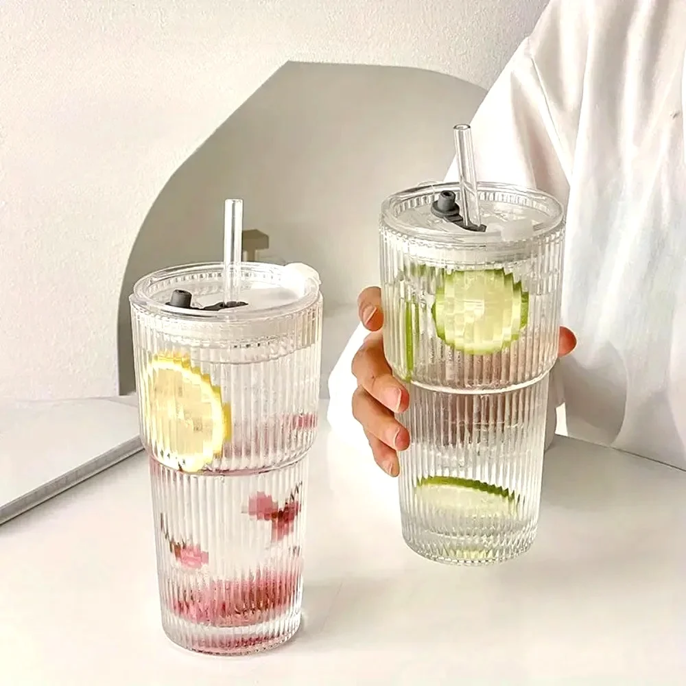 600ml Stripe Glass Cup with Lid and Straw Transparent Drinking Glasses for Juice Water and Iced Coffee Cups Mug Drinkware
600ml Stripe Glass Cup with Lid and Straw Transparent Drinking Glasses for Juice Water and Iced Coffee Cups Mug Drinkware